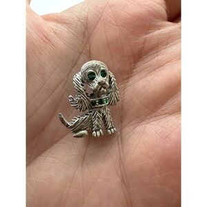 Vintage Gerrys Dog Pin Brooch Silver Tone Green Rhinestone Eyes Spaniel J212